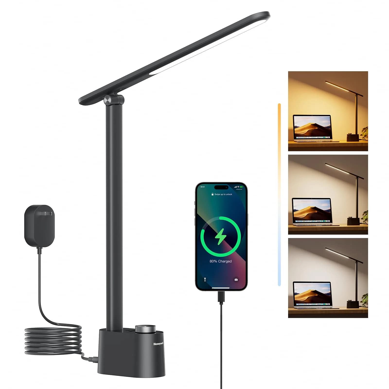Honeywell LED Desk Lamp, Sunturalux™ Black | Eye-Care, Dimmable, USB Ports, Foldable (16.5in H, 4in dia) — Black