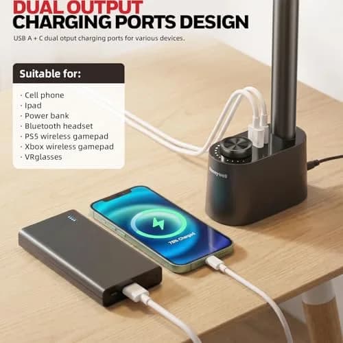 Honeywell LED Desk Lamp, Sunturalux™ Black | Eye-Care, Dimmable, USB Ports, Foldable (16.5in H, 4in dia) thumbnail 2