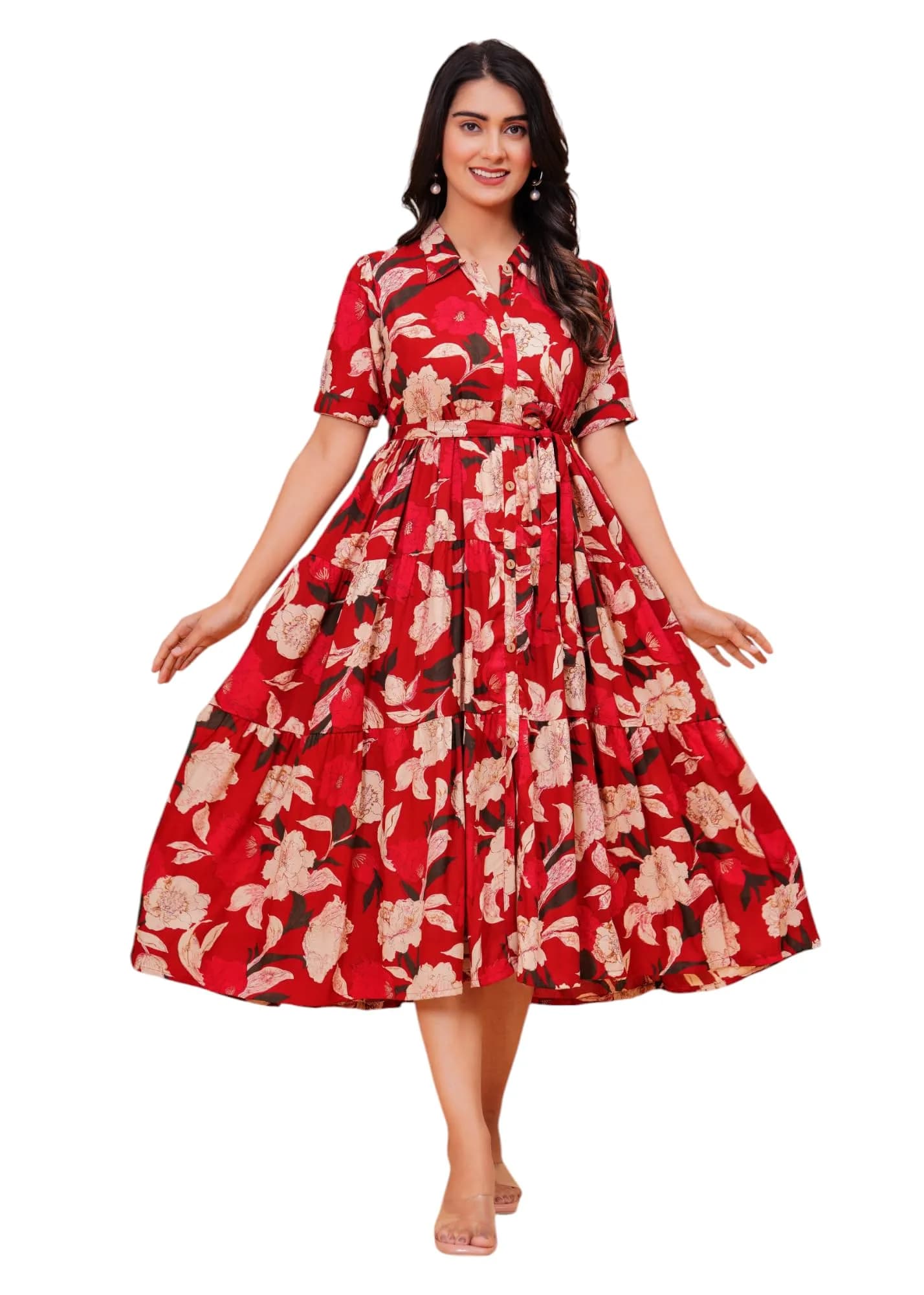 Jikonet Women's Floral Print Cotton Western Dress, Ajax Red, M (119 cm) - main product image