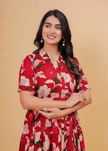 Jikonet Women's Floral Print Cotton Western Dress, Ajax Red, M (119 cm) thumbnail 4