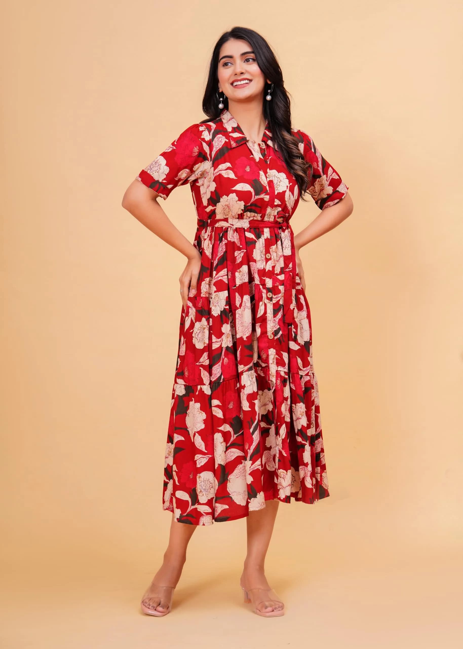 Jikonet Women's Floral Print Cotton Western Dress, Ajax Red, M (119 cm) - view 5