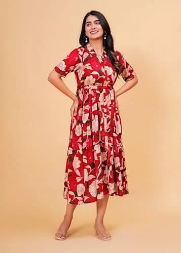 Jikonet Women's Floral Print Cotton Western Dress, Ajax Red, M (119 cm) thumbnail 5