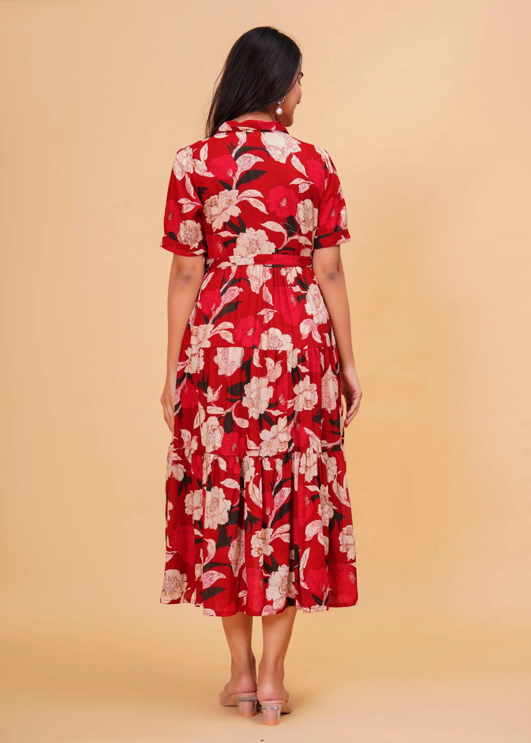 Jikonet Women's Floral Print Cotton Western Dress, Ajax Red, M (119 cm) - view 6