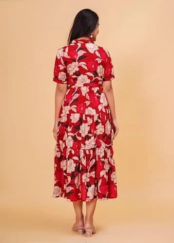 Jikonet Women's Floral Print Cotton Western Dress, Ajax Red, M (119 cm) thumbnail 6