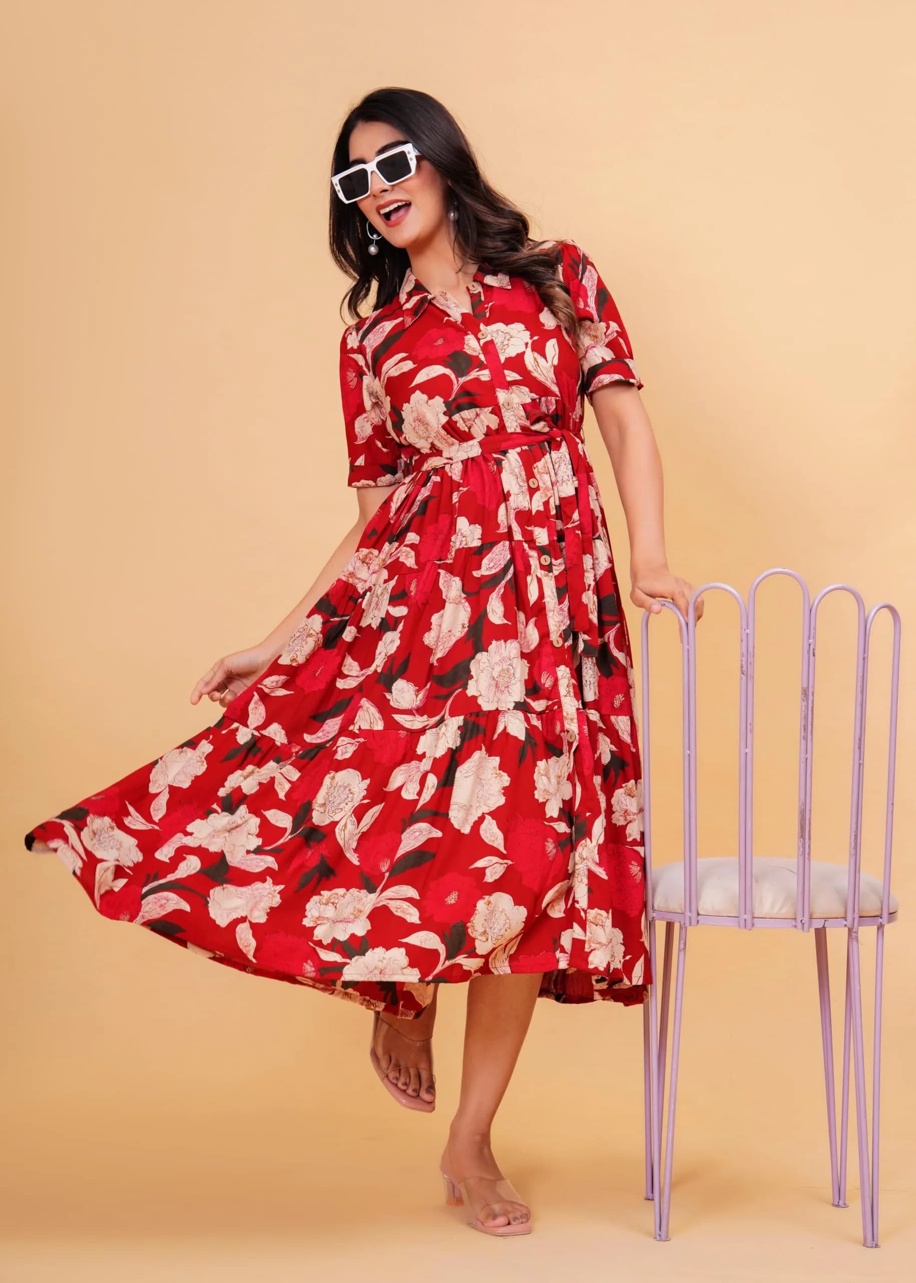 Jikonet Women's Floral Print Cotton Western Dress, Ajax Red, M (119 cm) - view 7