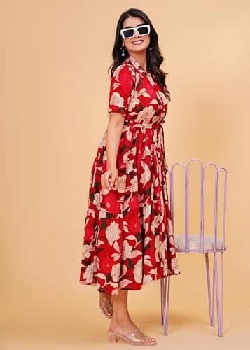 Jikonet Women's Floral Print Cotton Western Dress, Ajax Red, M (119 cm) thumbnail 8