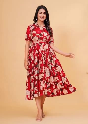 Jikonet Women's Floral Print Cotton Western Dress, Ajax Red, M (119 cm) thumbnail 2
