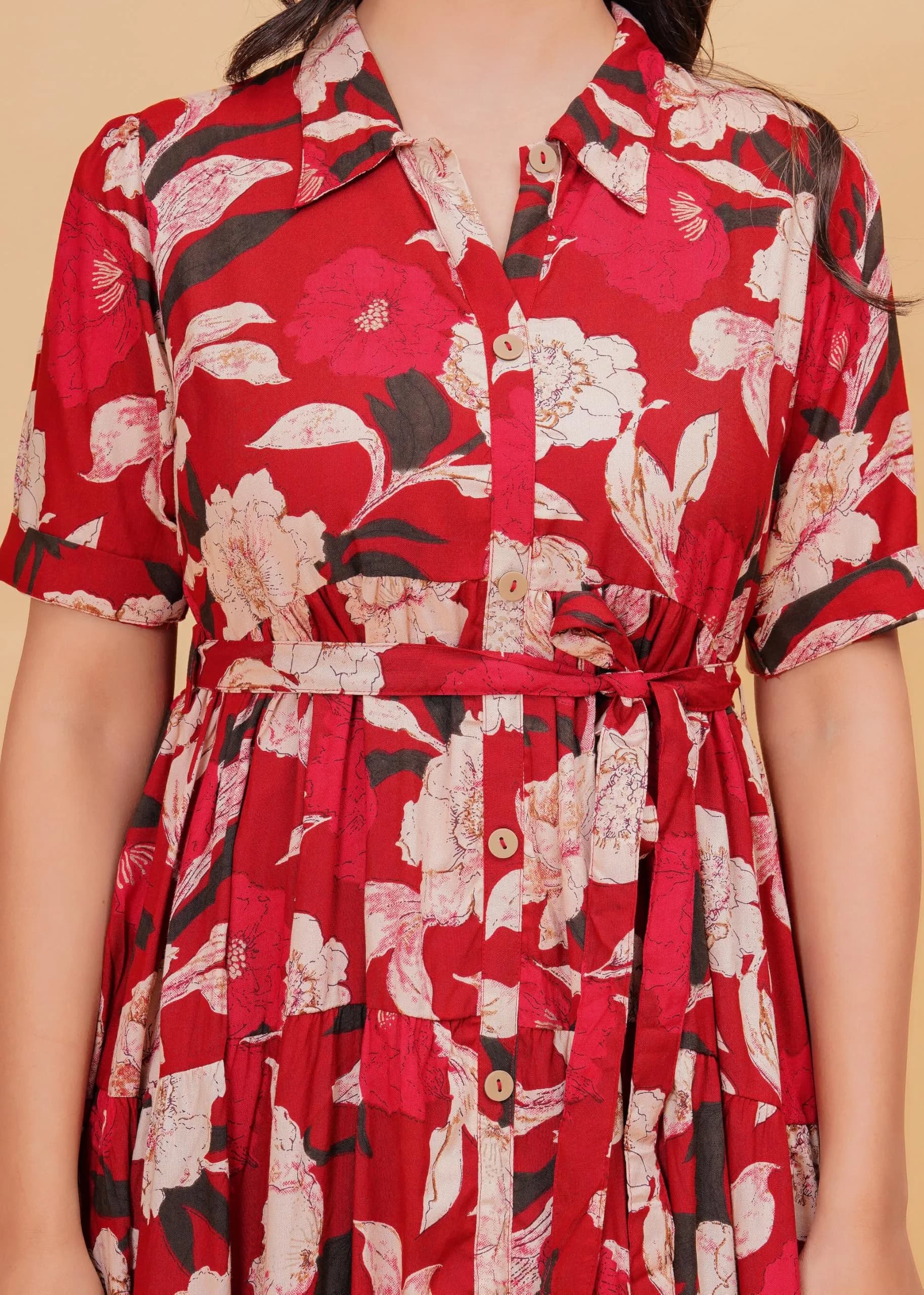 Jikonet Women's Floral Print Cotton Western Dress, Ajax Red, M (119 cm) - view 3