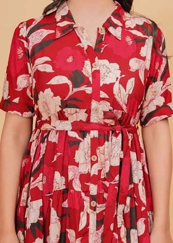 Jikonet Women's Floral Print Cotton Western Dress, Ajax Red, M (119 cm) thumbnail 3