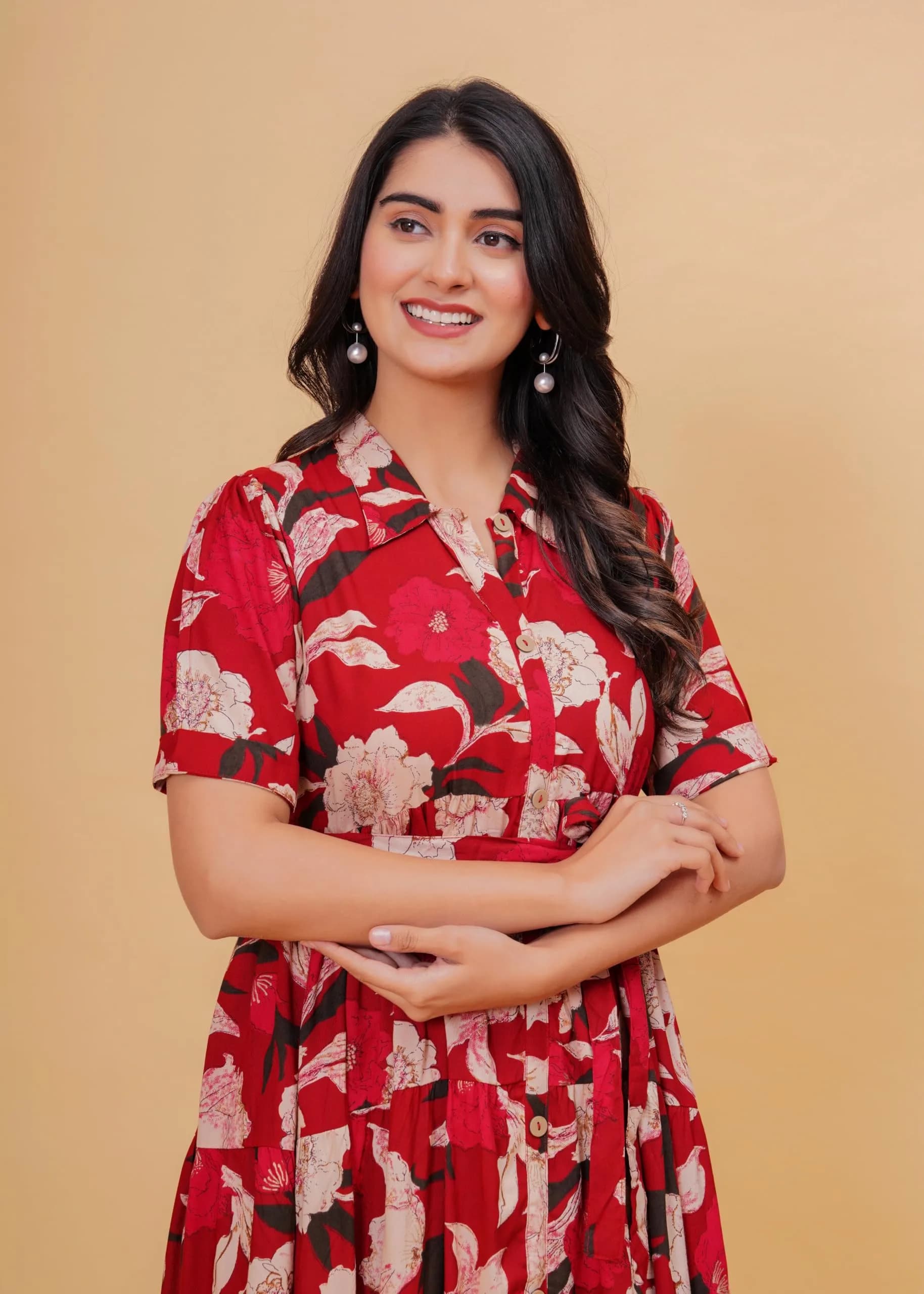 Jikonet Women's Floral Print Cotton Western Dress, Ajax Red, M (119 cm) - view 4