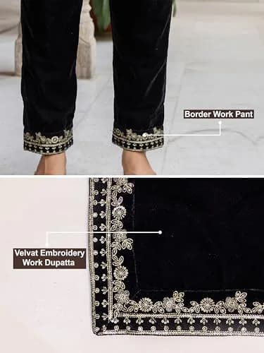 TRENDMALLS Women's Velvet Embroidery Kurta Pant Set with Dupatta XX-Large Black | Festive Indian Ethnic Wear thumbnail 5