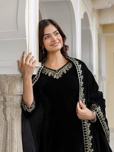 TRENDMALLS Women's Velvet Embroidery Kurta Pant Set with Dupatta XX-Large Black | Festive Indian Ethnic Wear thumbnail 7