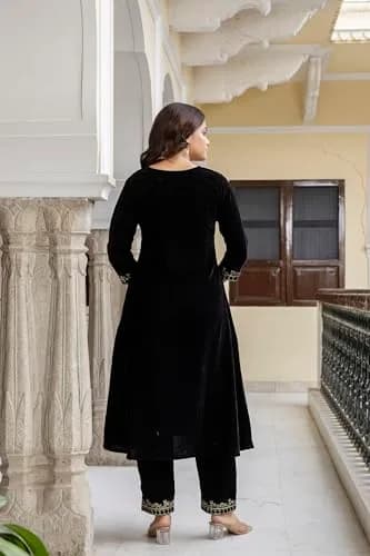 TRENDMALLS Women's Velvet Embroidery Kurta Pant Set with Dupatta XX-Large Black | Festive Indian Ethnic Wear thumbnail 2