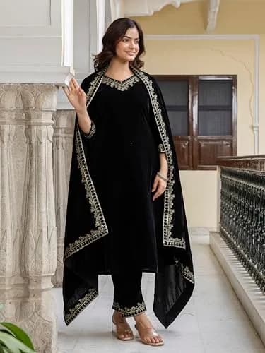 TRENDMALLS Women's Velvet Embroidery Kurta Pant Set with Dupatta XX-Large Black | Festive Indian Ethnic Wear thumbnail 3