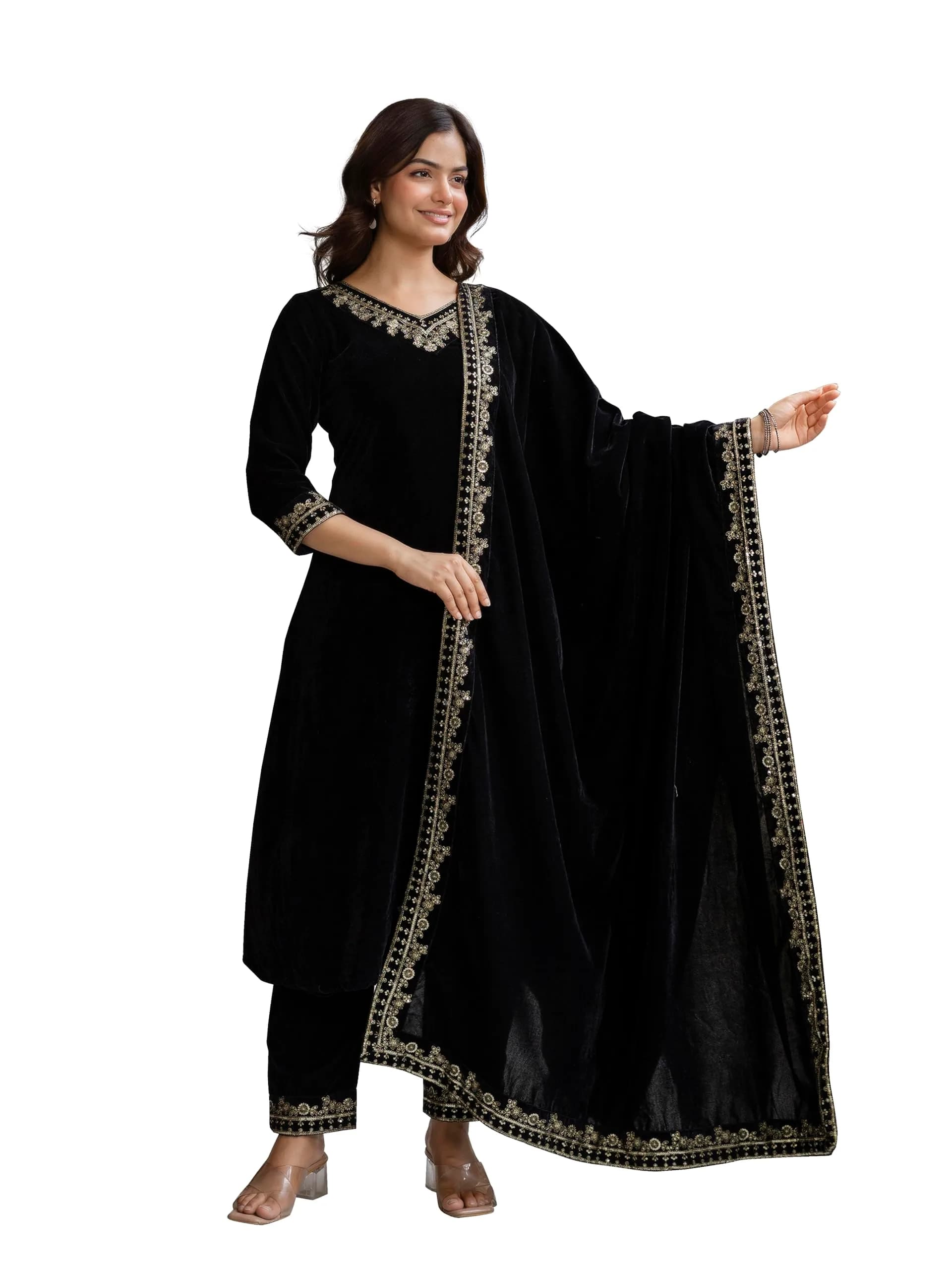 TRENDMALLS Black Velvet Embroidery Kurta Pant Set with Dupatta 3XL | Festive Wear for Indian Women — Black