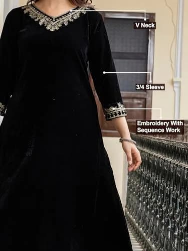 TRENDMALLS Black Velvet Embroidery Kurta Pant Set with Dupatta 3XL | Festive Wear for Indian Women thumbnail 4