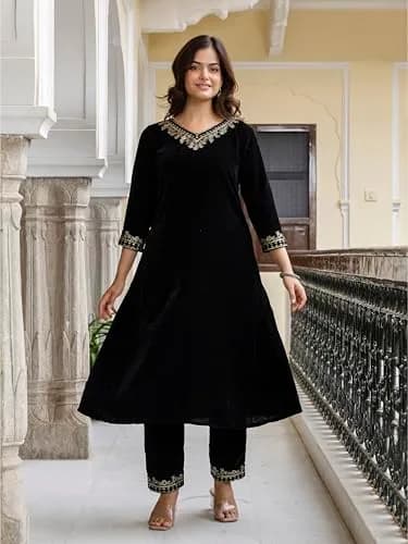 TRENDMALLS Black Velvet Embroidery Kurta Pant Set with Dupatta 3XL | Festive Wear for Indian Women thumbnail 6