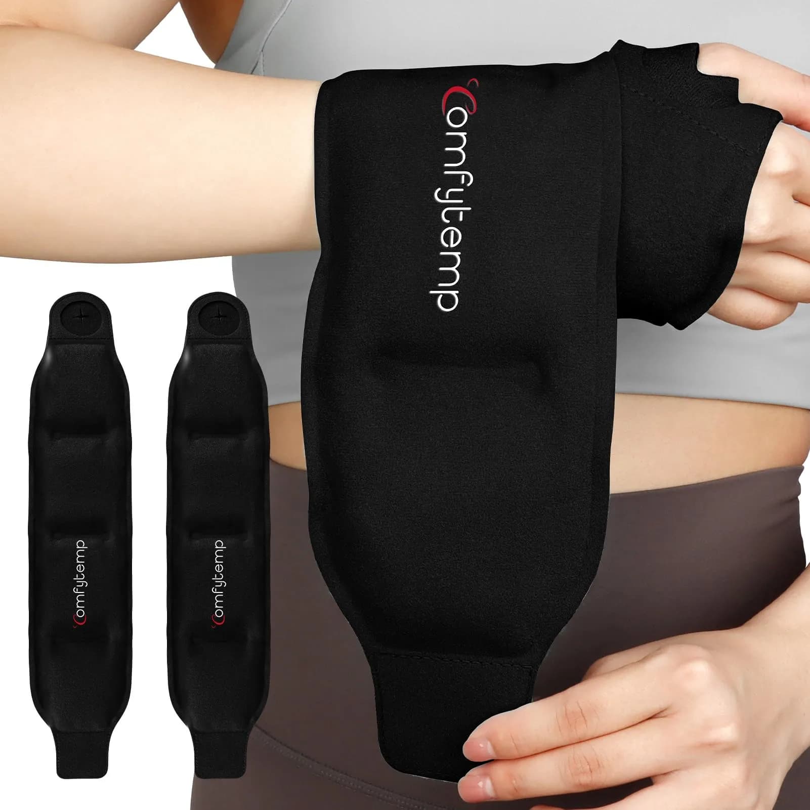 Comfytemp Wrist Ice Pack Wrap Carpal Tunnel Relief 2 Pack | Targeted Cold & Hot Therapy for Hand & Wrist Pain — Black