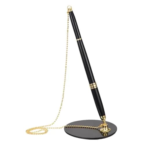 PATIKIL Secure Pen with Chain and Adhesive Pen Holder, Black Gold | Metal Ballpoint Pen for Offices and Banks thumbnail 1