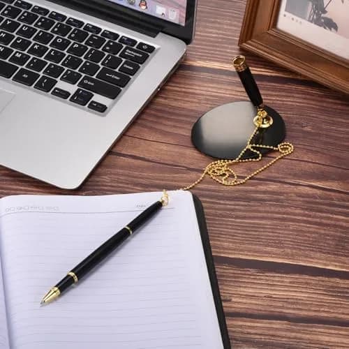 PATIKIL Secure Pen with Chain and Adhesive Pen Holder, Black Gold | Metal Ballpoint Pen for Offices and Banks thumbnail 6