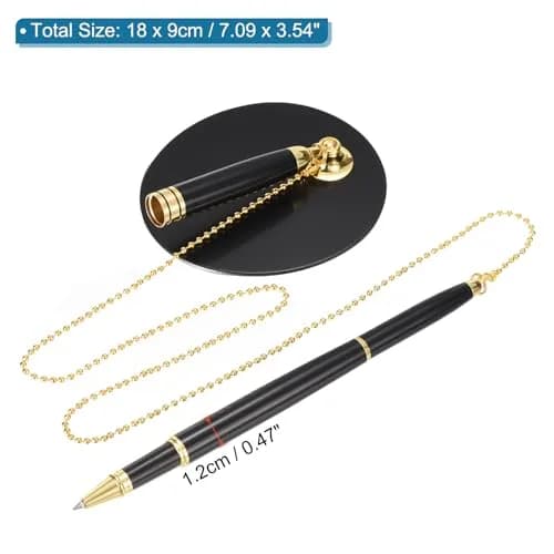 PATIKIL Secure Pen with Chain and Adhesive Pen Holder, Black Gold | Metal Ballpoint Pen for Offices and Banks thumbnail 2