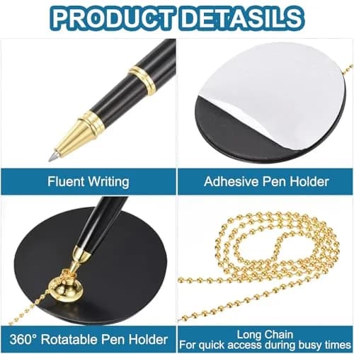 PATIKIL Secure Pen with Chain and Adhesive Pen Holder, Black Gold | Metal Ballpoint Pen for Offices and Banks thumbnail 3