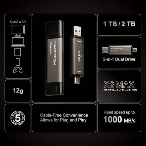 TEAMGROUP 2TB X2 MAX External SSD 1000MB/s | Titanium Color, USB 3.2 Gen2 thumbnail 7