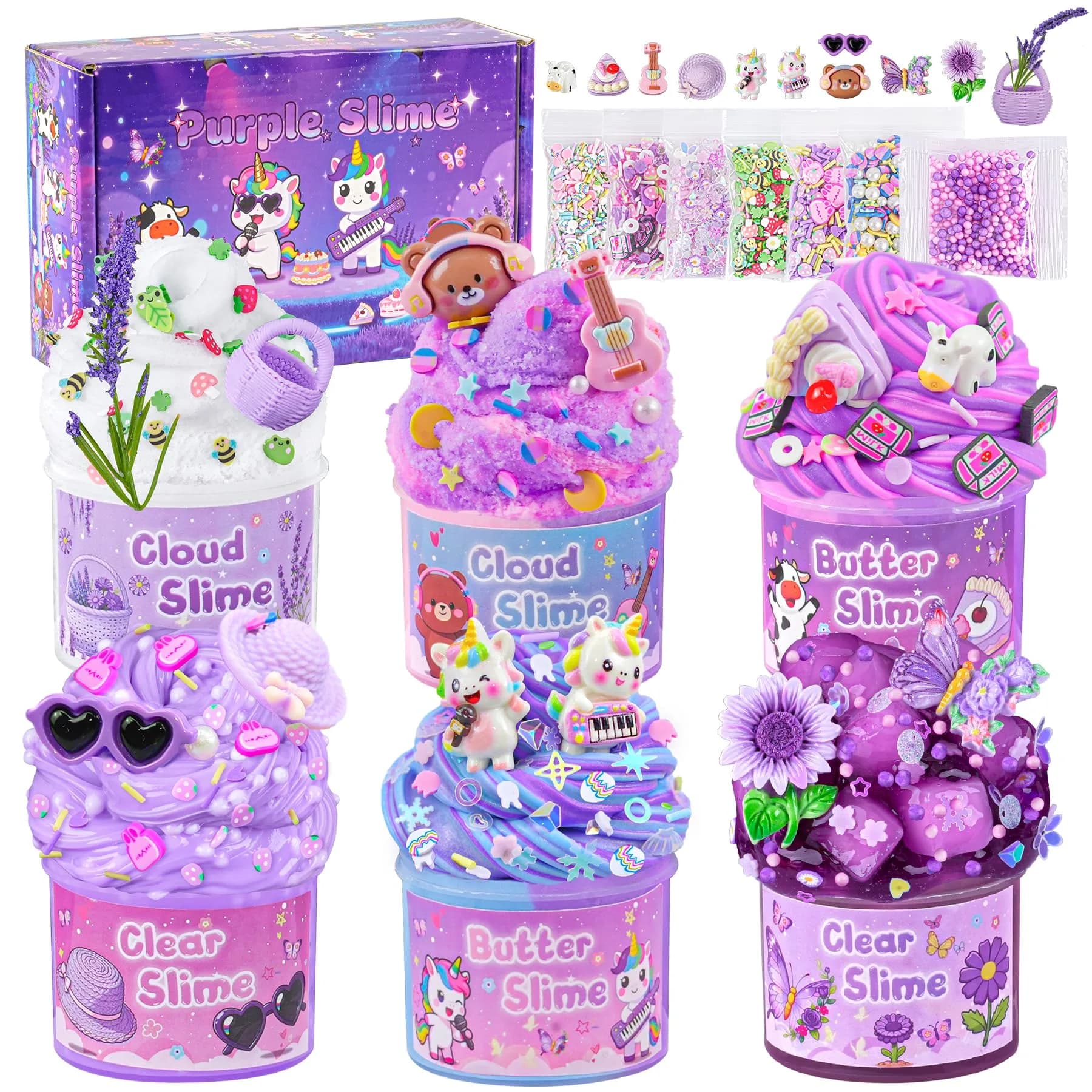 LAWOHO 6 Pack Purple Slime Kit | Butter Cloud Squishy Birthday Gift Set with Charms (360ml Total)