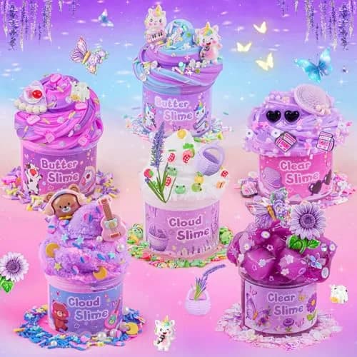 LAWOHO 6 Pack Purple Slime Kit | Butter Cloud Squishy Birthday Gift Set with Charms (360ml Total) thumbnail 5