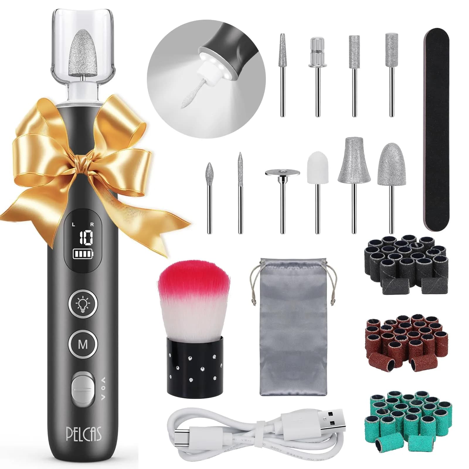 PELCAS Cordless Electric Nail Drill with LED Light, 10 Speeds & LCD Screen, Portable Manicure & Pedicure Kit (Purple, 5-Hour Battery) — Grey