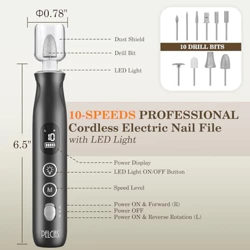 PELCAS Cordless Electric Nail Drill 6.5" x 1" | 10-Speed Portable Manicure & Pedicure Tool with LED Light thumbnail 5