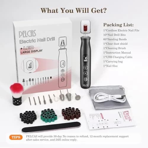 PELCAS Cordless Electric Nail Drill 6.5" x 1" | 10-Speed Portable Manicure & Pedicure Tool with LED Light thumbnail 7