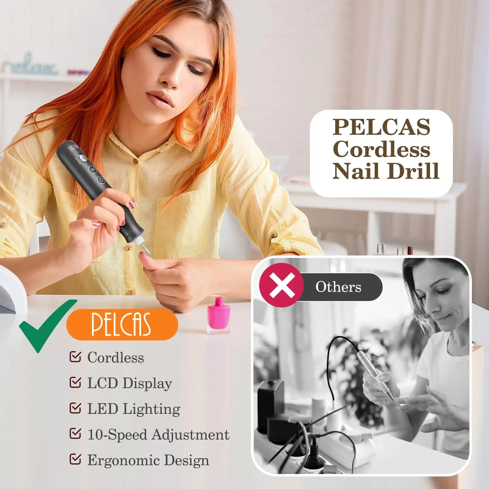 PELCAS Cordless Electric Nail Drill with LED Light & LCD Screen - Portable Manicure Pedicure Kit (Grey, 5-Hour Battery) - view 3