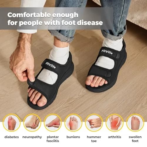 FitVille Diabetic Sandals for Men Wide Width with Arch Support, Men Diabetic Sandals Adjustable (Black, 10.5W) thumbnail 3