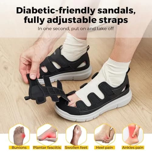 FitVille Diabetic Sandals for Men Wide Width with Arch Support Comfortable Mens Diabetic Sandals Fully Adjustable Straps Lightweight Black thumbnail 3