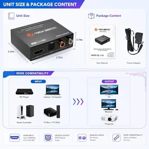 J-Tech Digital HDMI Audio Extractor 4K 60Hz & ARC Support | HDMI to RCA Optical Compatible with Dolby Digital DTS Stereo for Laptop Blu-Ray Gaming Consoles thumbnail 9