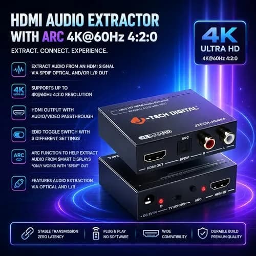 J-Tech Digital HDMI Audio Extractor 4K 60Hz & ARC Support | HDMI to RCA Optical Compatible with Dolby Digital DTS Stereo for Laptop Blu-Ray Gaming Consoles thumbnail 2