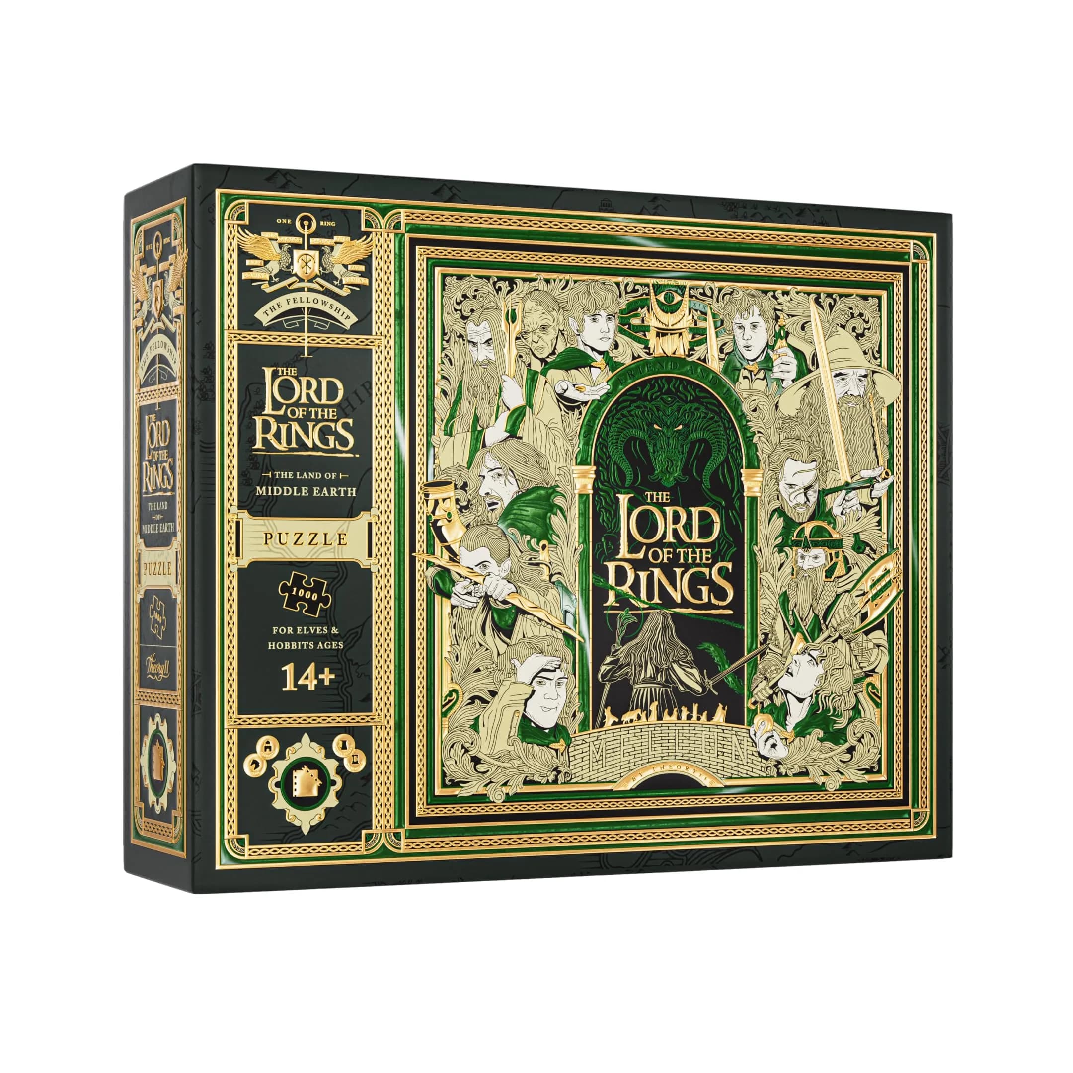 theory11 Lord of the Rings Jigsaw Puzzle - 1,000 Piece | Middle-earth Artwork with Gold & Green Foil (9.75 in x 8 in) - main product image