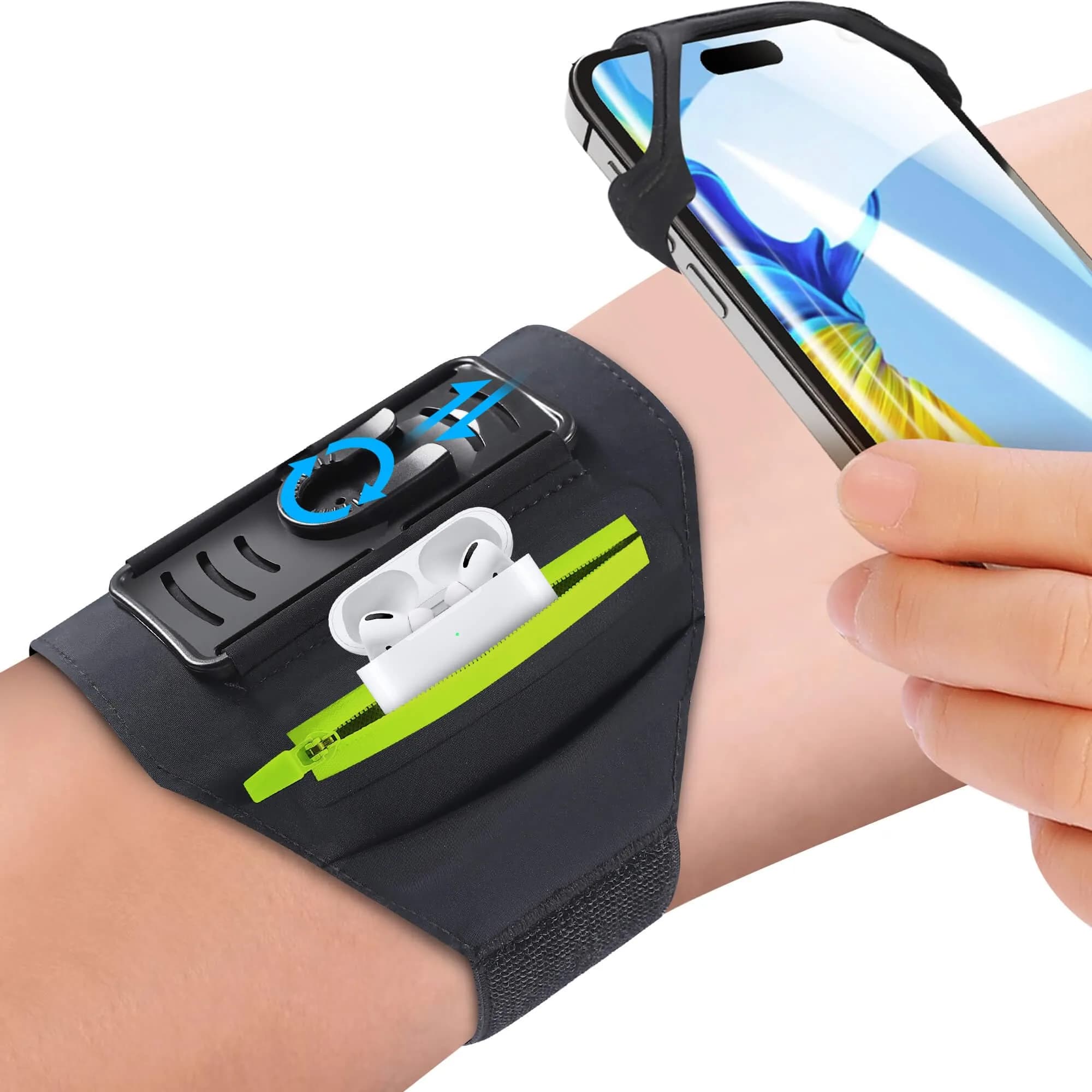 newppon Detachable & 360° Rotatable Armband with Reflective Strap & Zipper Pocket for iPhone 16 & Galaxy in India — Black With Bag