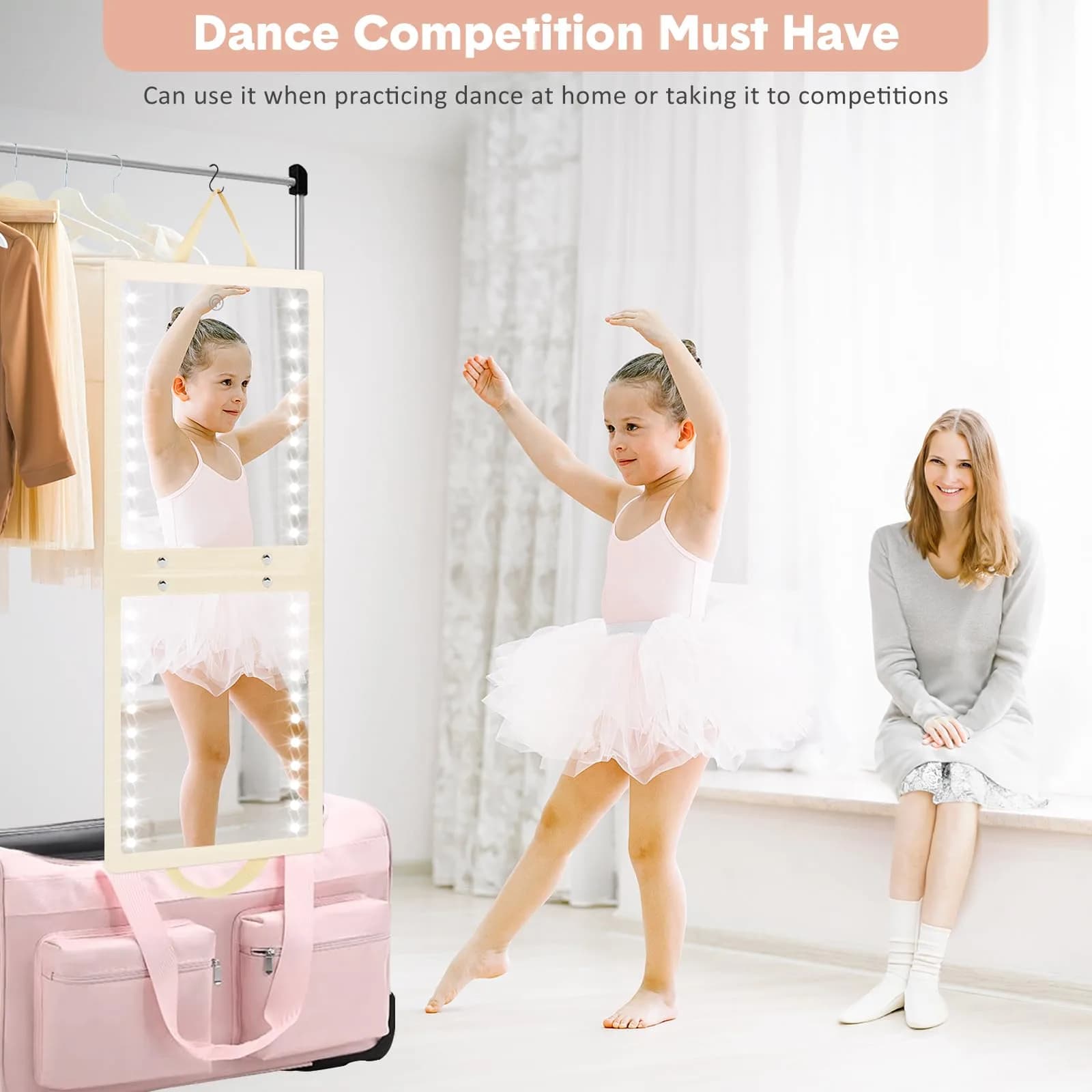 Fabuday Lighted Foldable Hanging Dance Mirror 31.5cm (12.3" L x 11.5" W) | Unbreakable Acrylic with Adjustable LED Lights - view 4