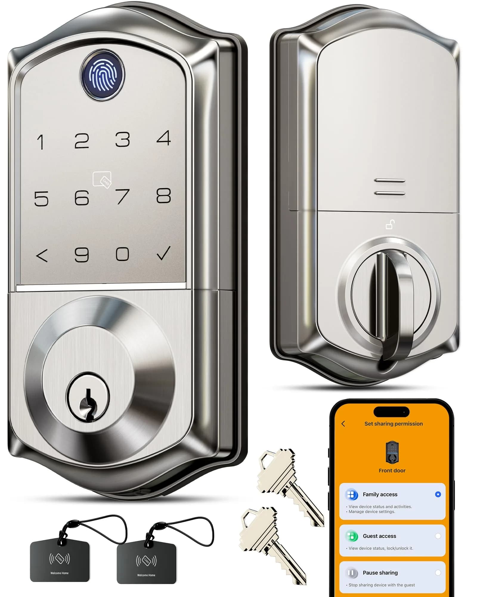 Veise VE017 Fingerprint Smart Door Lock with App Control, Matte Black, 1.02 kg (2.25 lb) — Satin Nickel