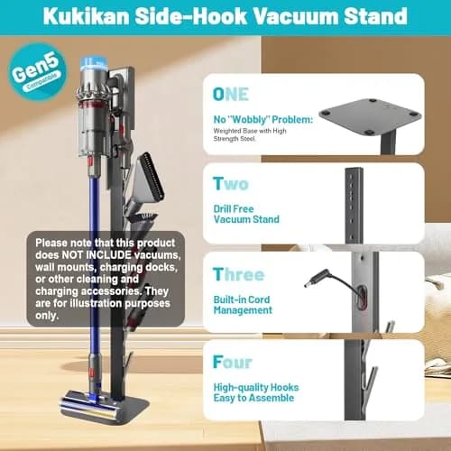 Kukikan Metal Vacuum Stand Holder for Dyson V8-V15, Gen5 | 47.8 inch (121.4 cm) Floor Docking Station with 6 Hooks thumbnail 5