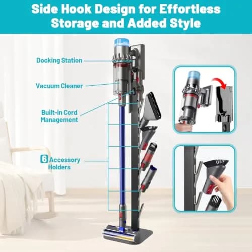 Kukikan Metal Vacuum Stand Holder for Dyson V8-V15, Gen5 | 47.8 inch (121.4 cm) Floor Docking Station with 6 Hooks thumbnail 6