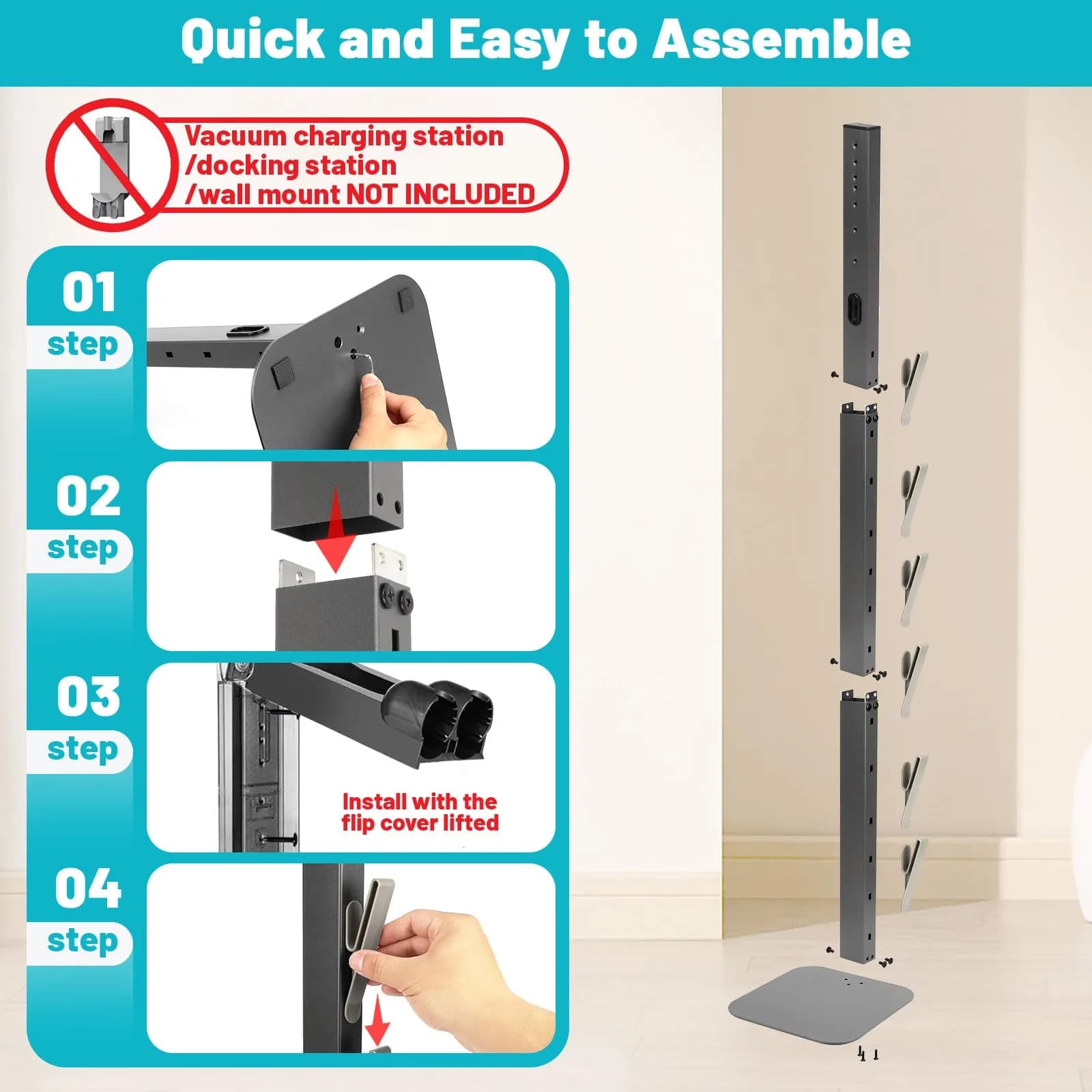 Kukikan Metal Vacuum Stand Holder for Dyson V8-V15, Gen5 | 47.8 inch (121.4 cm) Floor Docking Station with 6 Hooks - view 3
