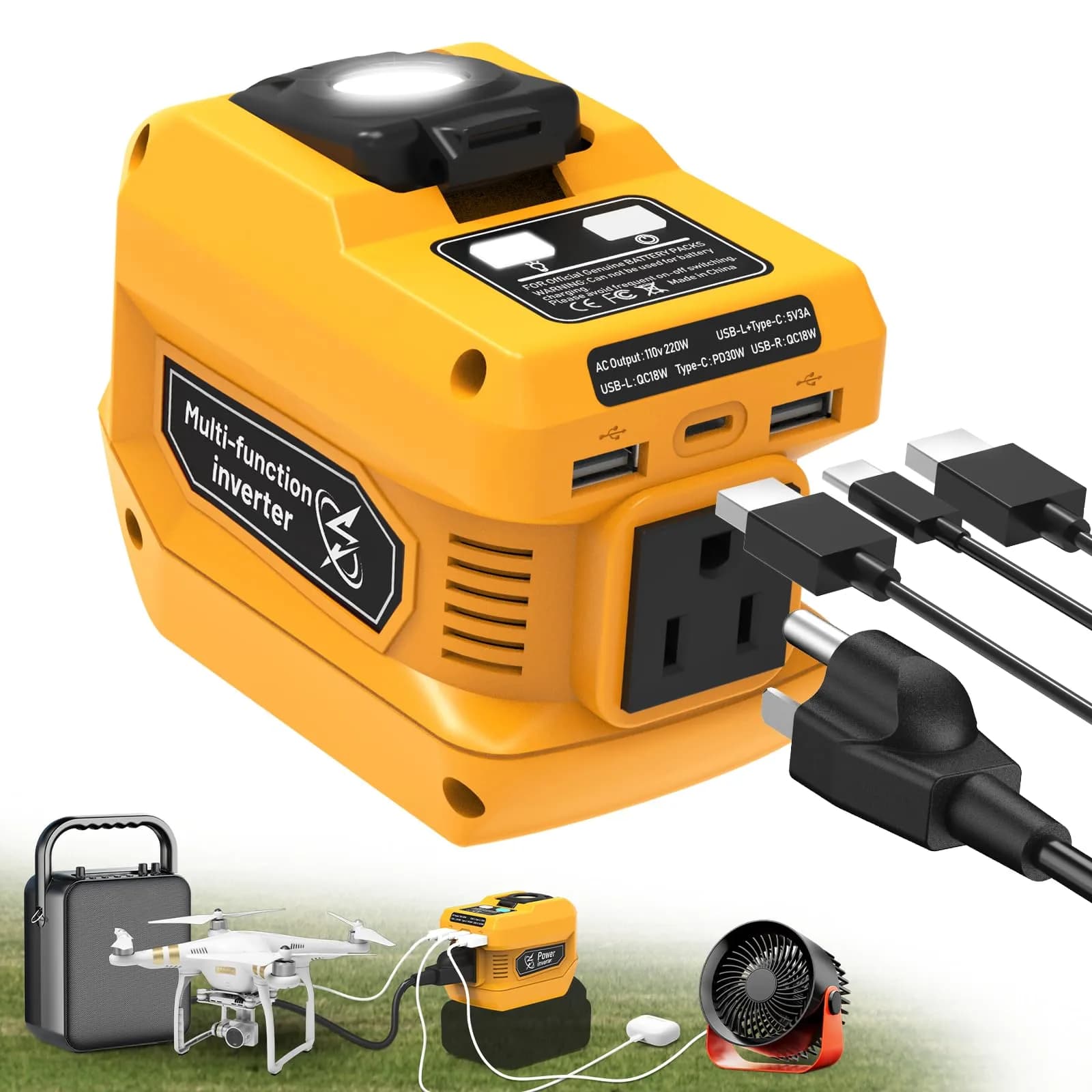 PlantPalGear 20V Power Inverter | Compatible with Dewalt 20V Batteries, Portable DC to AC Converter, 220W, with LED Work Light