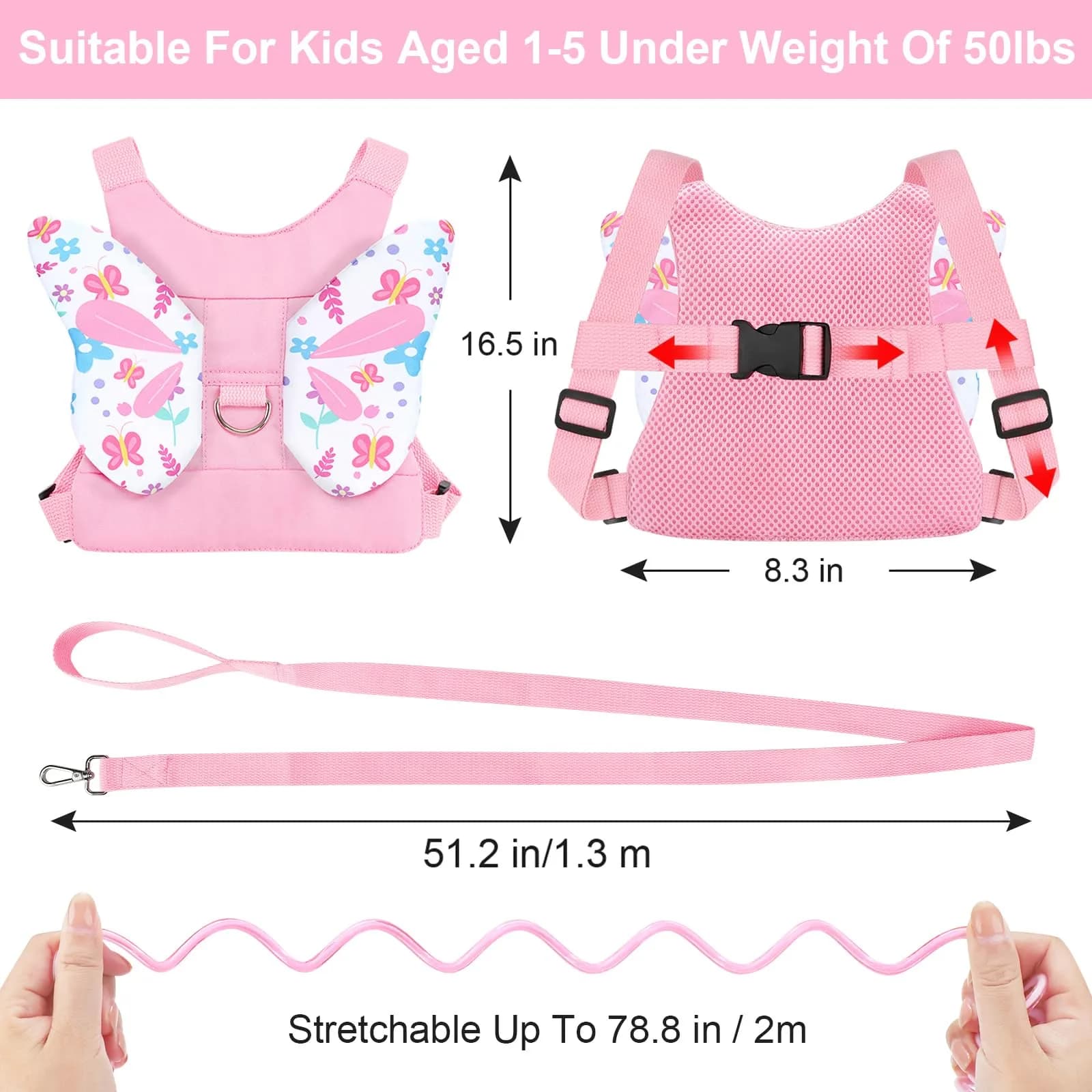 Accmor Light Pink Butterfly Toddler Harness Leash with Anti-Lost Wrist Link for Girls, 1-5 Years - view 2