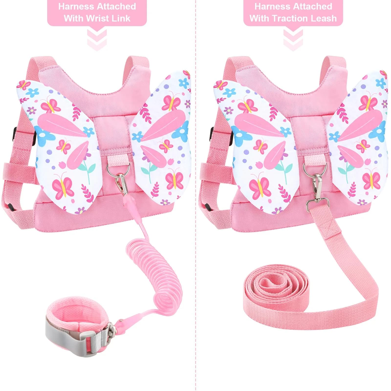 Accmor Light Pink Butterfly Toddler Harness Leash with Anti-Lost Wrist Link for Girls, 1-5 Years - view 3