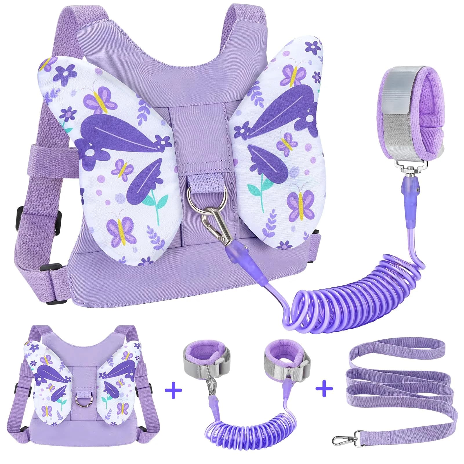 Accmor Light Purple Butterfly Toddler Harness Leash with Anti-Lost Wrist Link for Girls - main product image