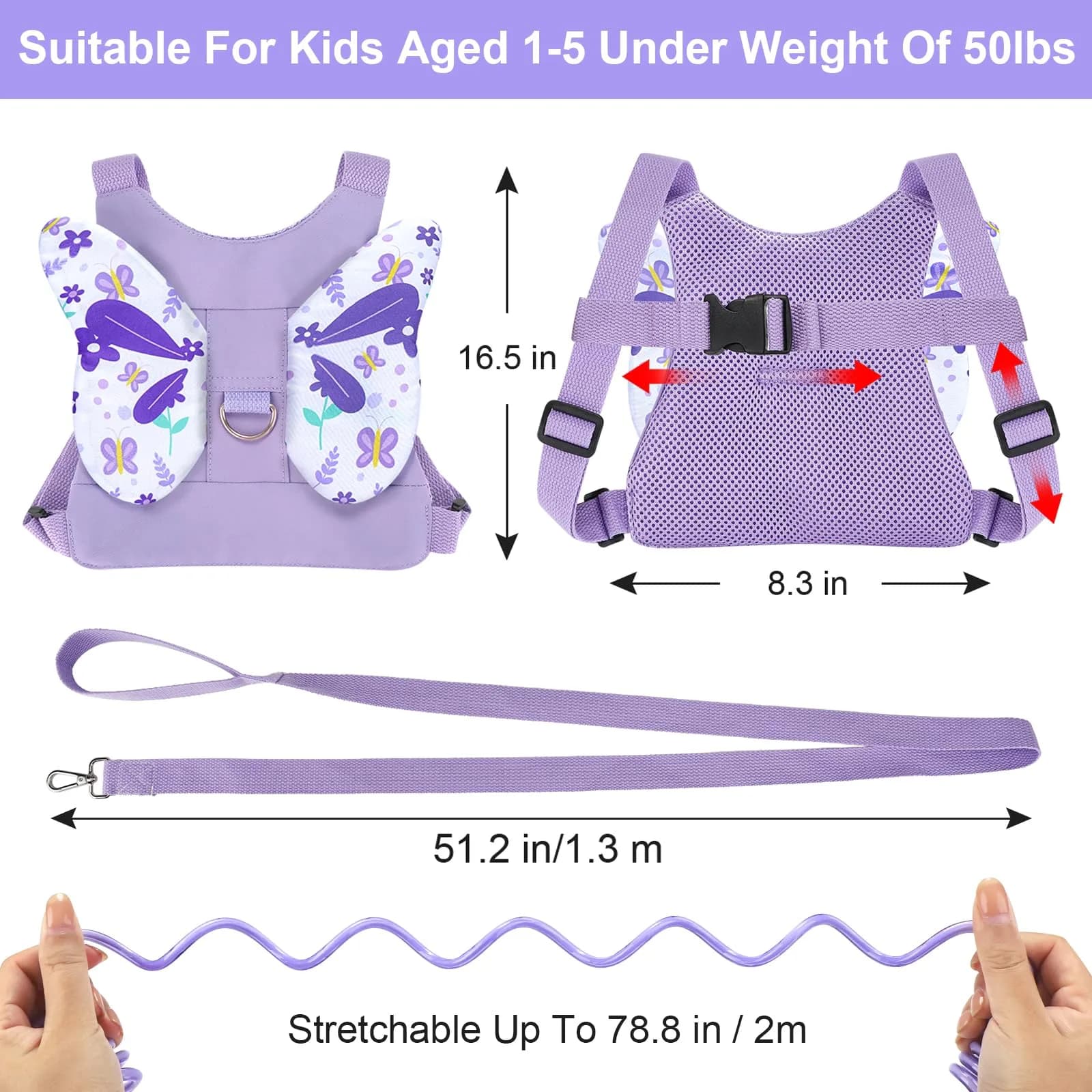 Accmor Light Purple Butterfly Toddler Harness Leash with Anti-Lost Wrist Link for Girls - view 2