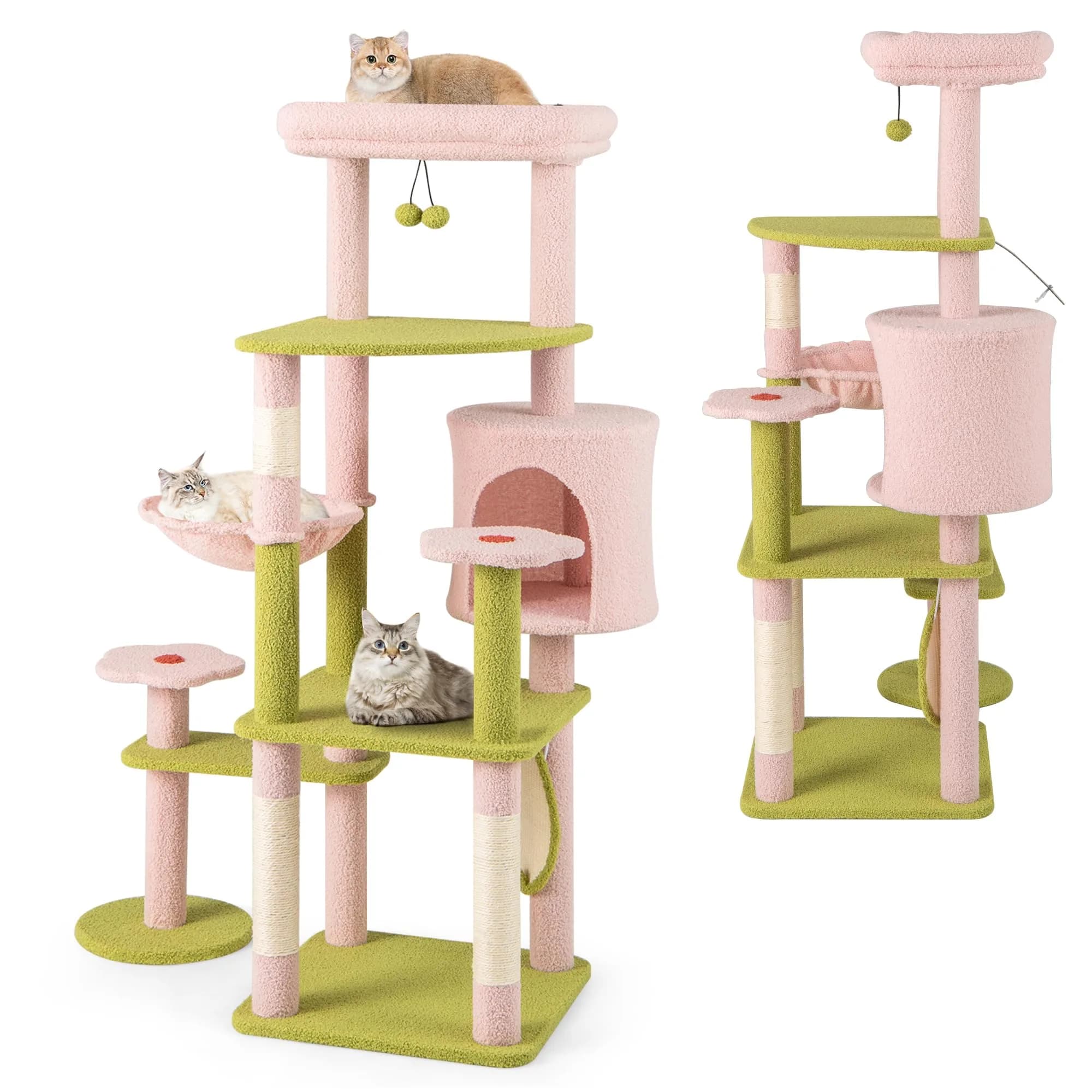 PETSITE 58-inch Flower Cat Tree with Sisal Posts & Teddy Fleece Perch | Multi-Level Indoor Cat Tower — Pink